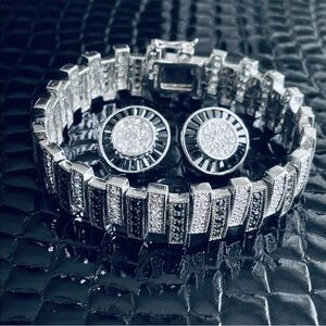 Black & White CZ  Sterling Tennis Bracelet & Stud Earrings Geometrical S…